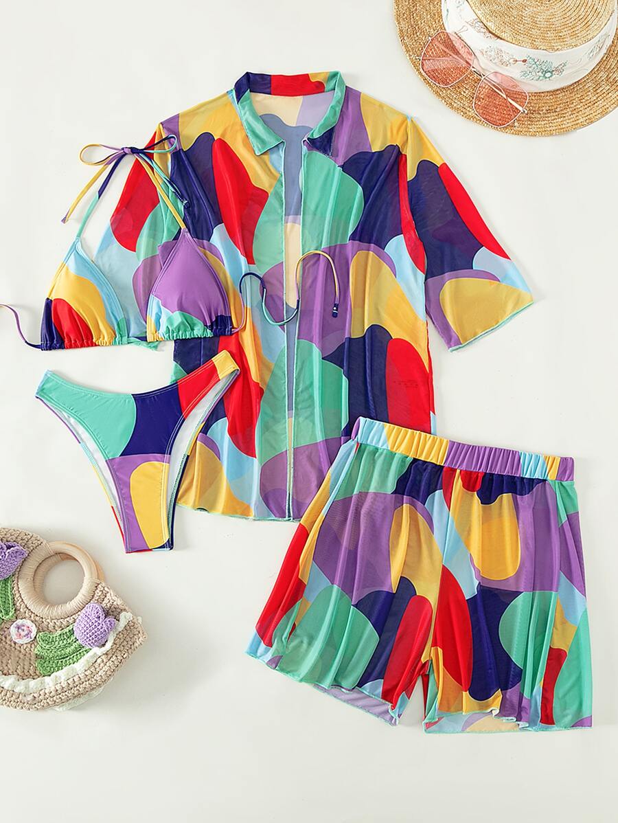 SHEIN Swim 帶覆蓋物全印花三角形露背比基尼泳裝 - 彩色 - 查看 1