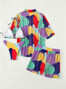 SHEIN Swim 帶覆蓋物全印花三角形露背比基尼泳裝 - 彩色 - 查看 3