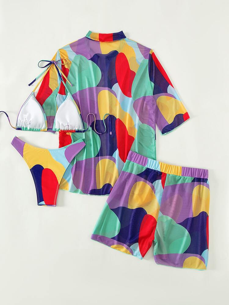 SHEIN Swim 帶覆蓋物全印花三角形露背比基尼泳裝 - 彩色 - 查看 3