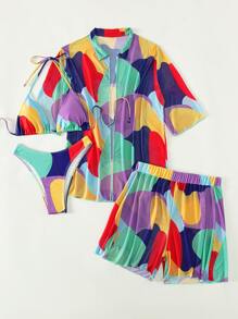 SHEIN Swim 帶覆蓋物全印花三角形露背比基尼泳裝 - 彩色 - 查看 5