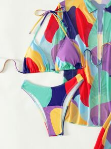 SHEIN Swim 帶覆蓋物全印花三角形露背比基尼泳裝 - 彩色 - 查看 7