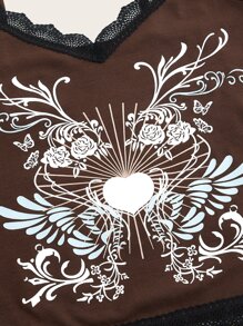 Áo khoác và áo lót dành cho xe tăng nữ Tương phản ren Hoa Tim Giải trí - Cà phê nâu - Xem 3