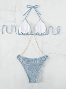 链式吊带三角连体泳衣夏季海滩 - 霧霾藍 - 查看 2