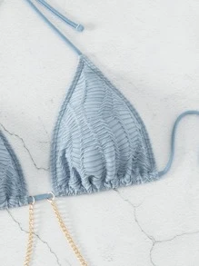 链式吊带三角连体泳衣夏季海滩 - 霧霾藍 - 查看 5