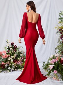 Đầm Lộ Lưng Dây kéo Nếp gấp Phần Ngực màu trơn Buổi tiệc - Đỏ - Xem 2