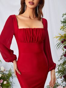 Đầm Lộ Lưng Dây kéo Nếp gấp Phần Ngực màu trơn Buổi tiệc - Đỏ - Xem 3