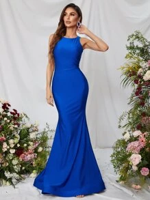 Solid Mermaid Hem Floor Length Satin Prom Dress - Royal Blue - View 3