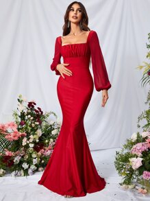 Đầm Lộ Lưng Dây kéo Nếp gấp Phần Ngực màu trơn Buổi tiệc - Đỏ - Xem 4