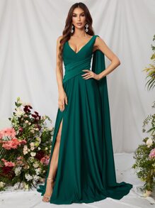Faeriesty Elegant Women's Sleeveless V-Neck Formal Dress With Ruched Bodice, Draped Fabric From Shoulder, Side Slit & Flowing Floor-Length Skirt With Train – Ideal For Weddings, Gala Dinners, Red-Carpet Events & Formal Receptions - Dark Green - View 1