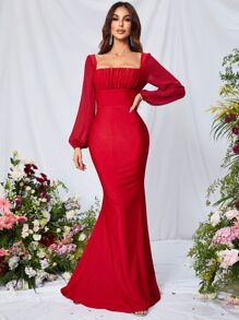 Đầm Lộ Lưng Dây kéo Nếp gấp Phần Ngực màu trơn Buổi tiệc - Đỏ - Xem 5