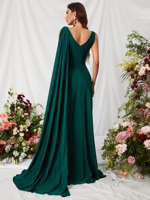 Faeriesty Elegant Women's Sleeveless V-Neck Formal Dress With Ruched Bodice, Draped Fabric From Shoulder, Side Slit & Flowing Floor-Length Skirt With Train – Ideal For Weddings, Gala Dinners, Red-Carpet Events & Formal Receptions - Dark Green - View 2