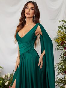 Faeriesty Elegant Women's Sleeveless V-Neck Formal Dress With Ruched Bodice, Draped Fabric From Shoulder, Side Slit & Flowing Floor-Length Skirt With Train – Ideal For Weddings, Gala Dinners, Red-Carpet Events & Formal Receptions - Dark Green - View 4