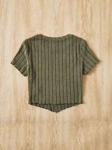 SHEIN 青少年女孩夏季不对称下摆破洞短袖 T 恤 - 軍綠色 - 查看 2