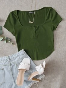 SHEIN EZwear 羅紋紐扣曲綫短款上衣 - 軍綠色 - 查看 2