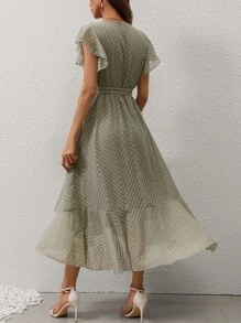 Breezaya Jacquard Butterfly Sleeve Ruffle Hem Belted Dress - Mint Green - View 2