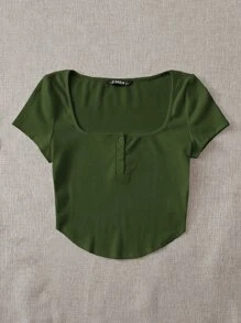 SHEIN EZwear 羅紋紐扣曲綫短款上衣 - 軍綠色 - 查看 4