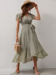 Breezaya Jacquard Butterfly Sleeve Ruffle Hem Belted Dress - Mint Green - View 3