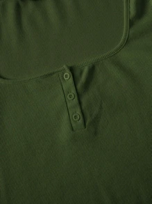 SHEIN EZwear 羅紋紐扣曲綫短款上衣 - 軍綠色 - 查看 5