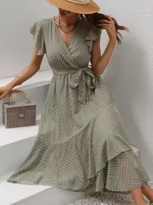 Breezaya Jacquard Butterfly Sleeve Ruffle Hem Belted Dress - Mint Green - View 5