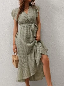 Breezaya Jacquard Butterfly Sleeve Ruffle Hem Belted Dress - Mint Green - View 6