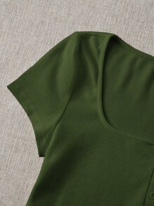 SHEIN EZwear 羅紋紐扣曲綫短款上衣 - 軍綠色 - 查看 6