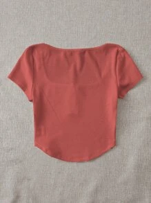 SHEIN EZwear 羅紋鈕扣弧形短款上衣 - 西瓜粉 - 查看 3