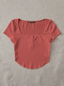 SHEIN EZwear 羅紋鈕扣弧形短款上衣 - 西瓜粉 - 查看 4