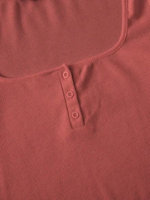 SHEIN EZwear 羅紋鈕扣弧形短款上衣 - 西瓜粉 - 查看 5