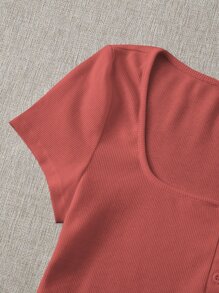 SHEIN EZwear 羅紋鈕扣弧形短款上衣 - 西瓜粉 - 查看 6