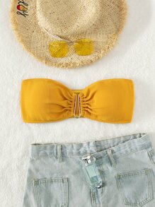 Ruched Bandeau Bikini Top - Mustard Yellow - View 3