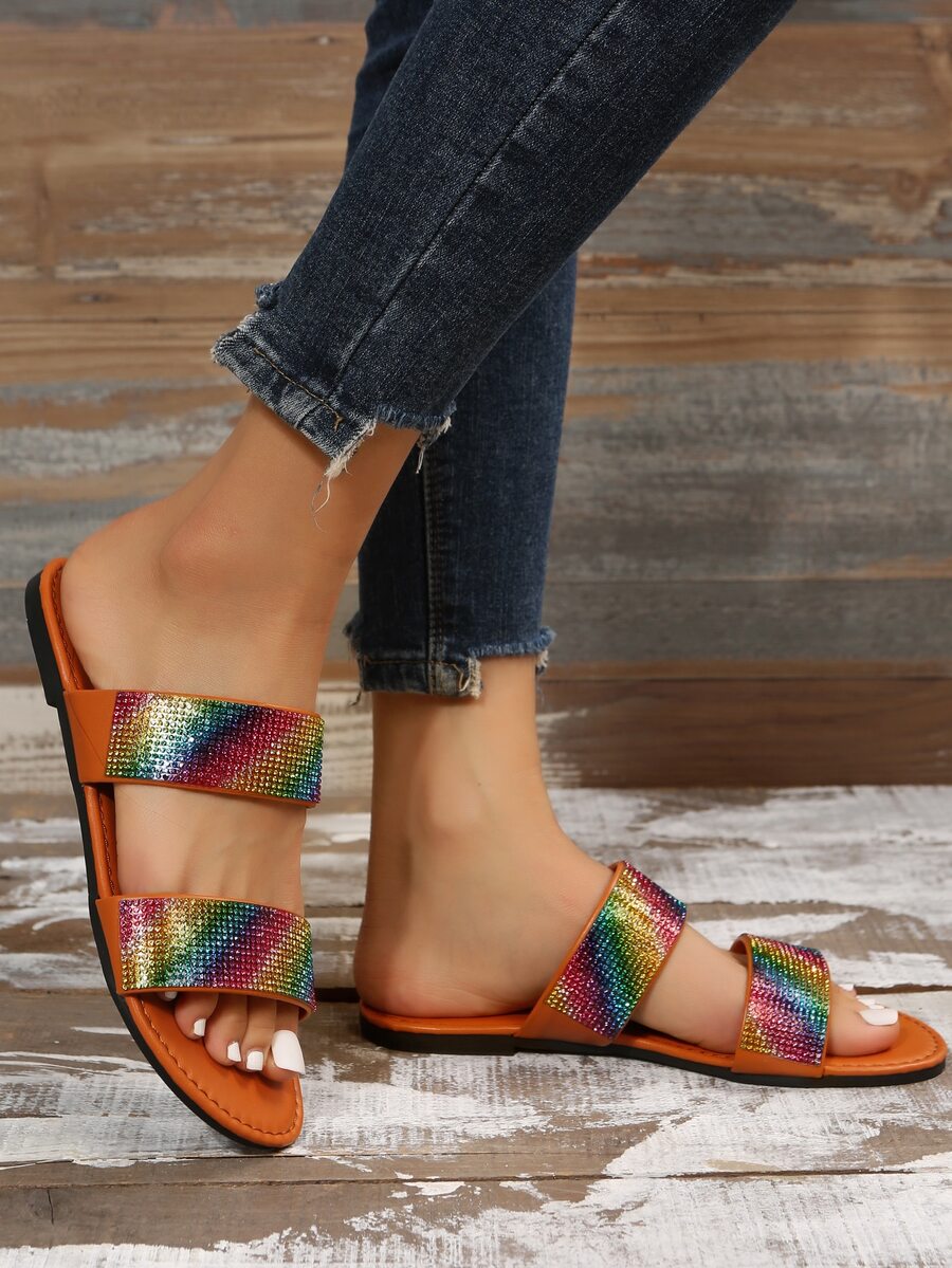 Women Rhinestone Decor Double Strap Slide Sandals, Glamorous Iridescent Summer Outdoor Flat Sandals - Brown - View 1