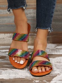 Women Rhinestone Decor Double Strap Slide Sandals, Glamorous Iridescent Summer Outdoor Flat Sandals - Brown - View 3