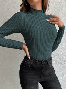 SHEIN Tall تي شيرت موحدة اللون طوق عمودي - ازرق عسكري - مشاهدة 3