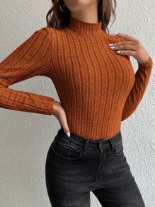 SHEIN Tall Áo thun nữ Gân đan màu trơn Giải trí - màu nâu - Xem 4