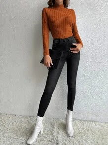SHEIN Tall Áo thun nữ Gân đan màu trơn Giải trí - màu nâu - Xem 5