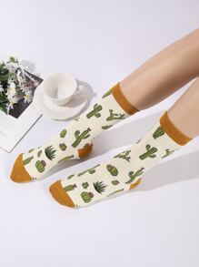 Cactus Pattern Crew Socks - Multicolor - View 1