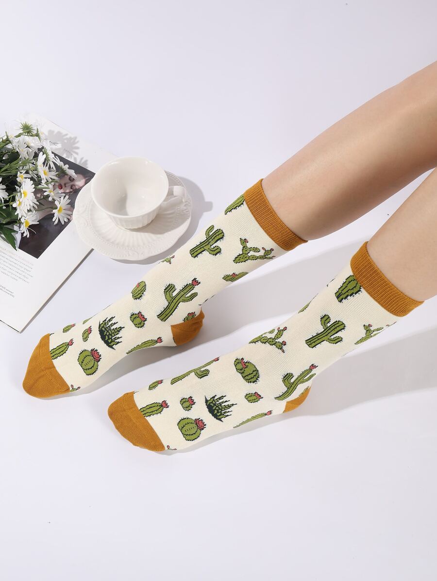 Cactus Pattern Crew Socks - Multicolor - View 1