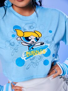 The Powerpuff Girls | ROMWE Plus Cartoon Graphic Tee - Blue - View 3