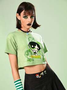 The Powerpuff Girls | ROMWE Cartoon Graphic Crop Tee - Green - View 4