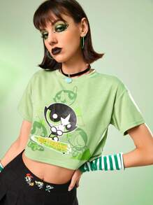The Powerpuff Girls | ROMWE Cartoon Graphic Crop Tee - Green - View 5