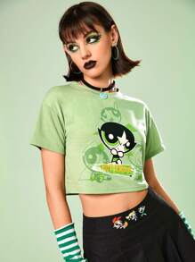 The Powerpuff Girls | ROMWE Cartoon Graphic Crop Tee - Green - View 7