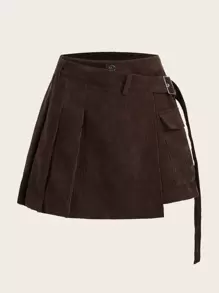 SHEIN EZwear 翻蓋口袋金屬扣環腰帶燈芯絨百褶工裝裙