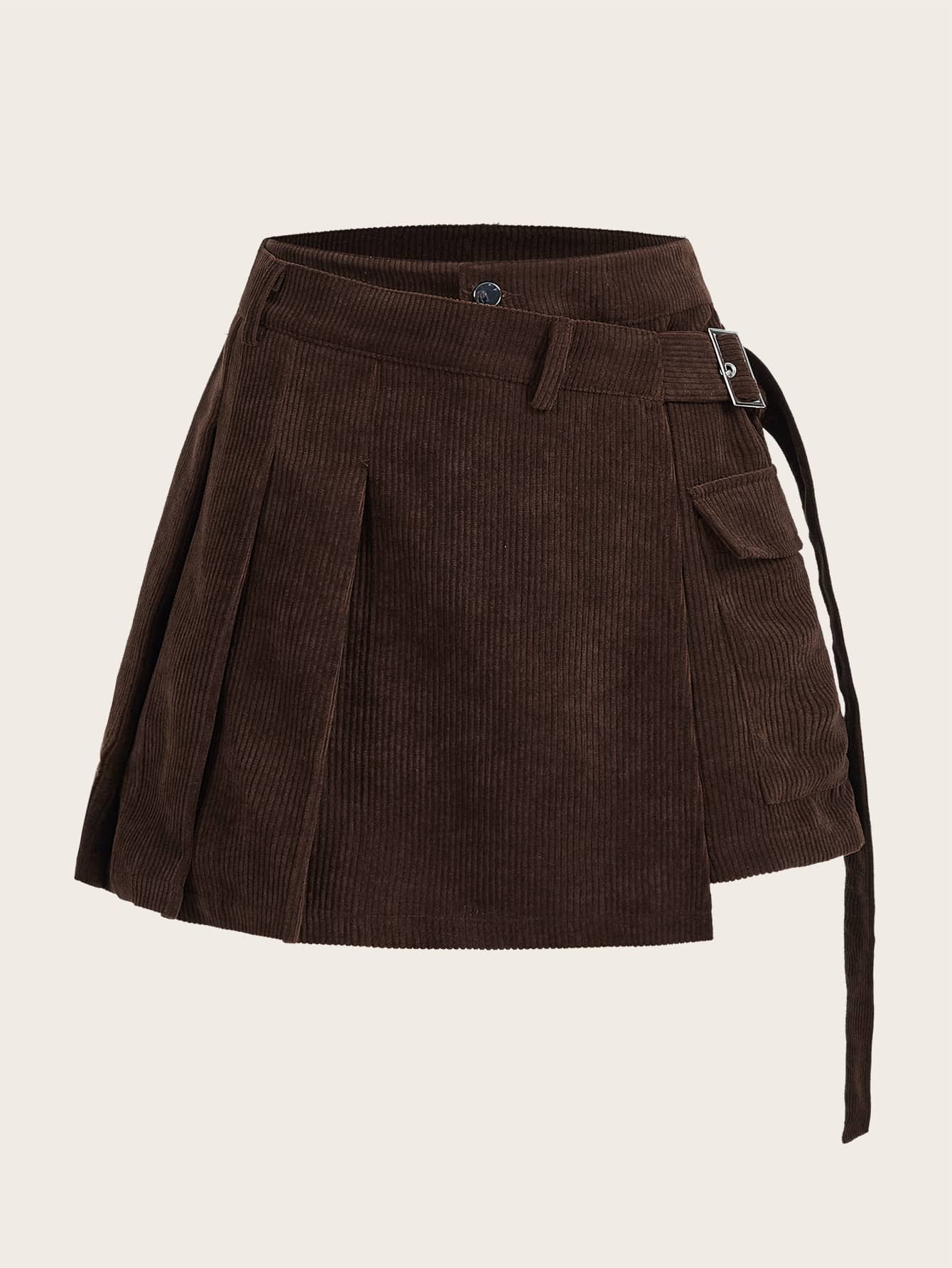 SHEIN EZwear 翻蓋口袋金屬扣環腰帶燈芯絨百褶工裝裙