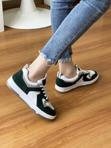 New Round Toe Lace-Up Patchwork Color Block Casual Platform Sneakers For Women - Multicolor - View 3