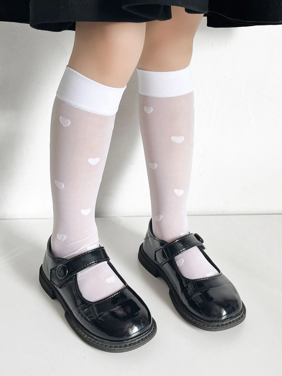 小女童愛心圖案高筒襪 - 白色 - 查看 1
