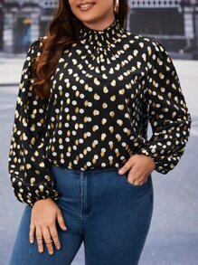 SHEIN Clasi Áo sơ mi Plus Size viền lá sen Chấm bi Thanh lịch - Nhiều màu - Xem 2