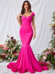 雞心領口魚尾裙下擺緞面舞會連衣裙 - 玫紅色 - 查看 1