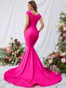 雞心領口魚尾裙下擺緞面舞會連衣裙 - 玫紅色 - 查看 2