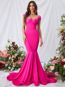 雞心領口魚尾裙下擺緞面舞會連衣裙 - 玫紅色 - 查看 6