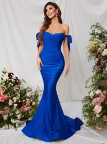 Faeriesty Đầm dạ hội thanh lịch hở vai, có dây đeo nơ rời và khóa kéo bên hông, kiểu dáng đuôi cá sang trọng dành cho nữ, phù hợp cho các sự kiện thảm đỏ, đám cưới, đêm nhạc opera và các buổi dạ tiệc từ thiện. - Xanh đậm - Xem 1